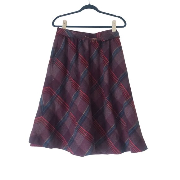 Vintage Midi Red Plaid Skirt Size 16 Dark Academia Preppy Fall Wool Blend Belted - Picture 1 of 9